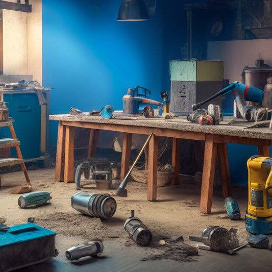 A cluttered workshop table with a cracked concrete block, surrounded by various power tools, including a rotary hammer, angle grinder, and concrete mixer, with scattered dust and debris.