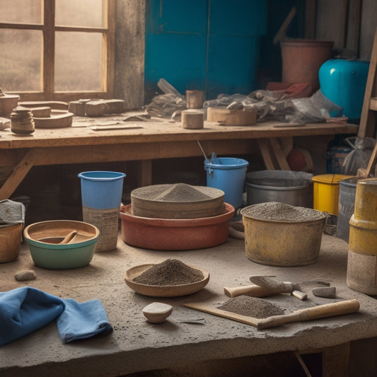 A cluttered workbench with a level, trowel, float, edger, and jointer arranged in a circular pattern, surrounded by scattered concrete mix bags and a bucket with a mixing stick.