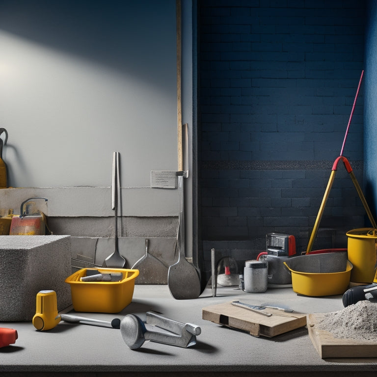 An illustration of a partially built concrete block wall on a construction site, surrounded by various tools and equipment, including a mixer, trowels, levels, and a spirit level.