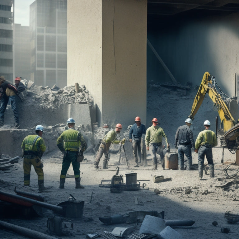 A cluttered construction site with a partially demolished concrete wall, surrounded by various tools like jackhammers, pry bars, and demolition saws, with a few workers in the background.