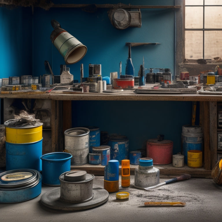 A cluttered workbench with various concrete paint application tools, including rollers, brushes, sprayers, and trays, surrounded by paint cans, buckets, and a measuring tape, with a faint concrete texture in the background.