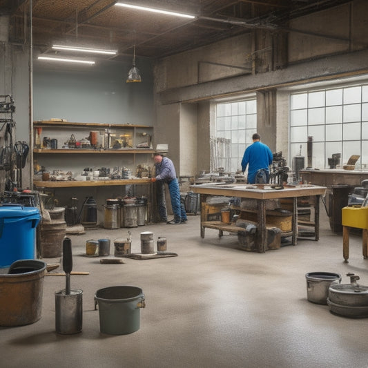 A cluttered workshop with a concrete floor, various tools and equipment scattered around, including a sprayer, buckets, roller extension poles, and concrete sealer containers, with a person in the background applying sealer to the floor.