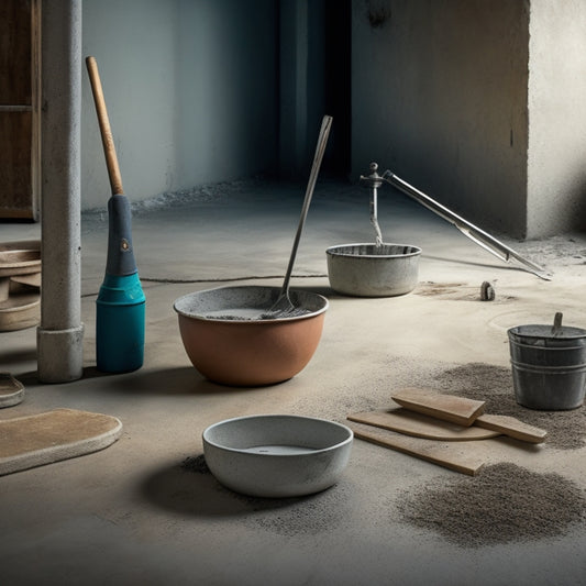 A messy, worn-out concrete floor with cracks and uneven surfaces in the background, with a set of organized, modern concrete overlay tools, including a trowel, edger, and mixing bucket, in the foreground.