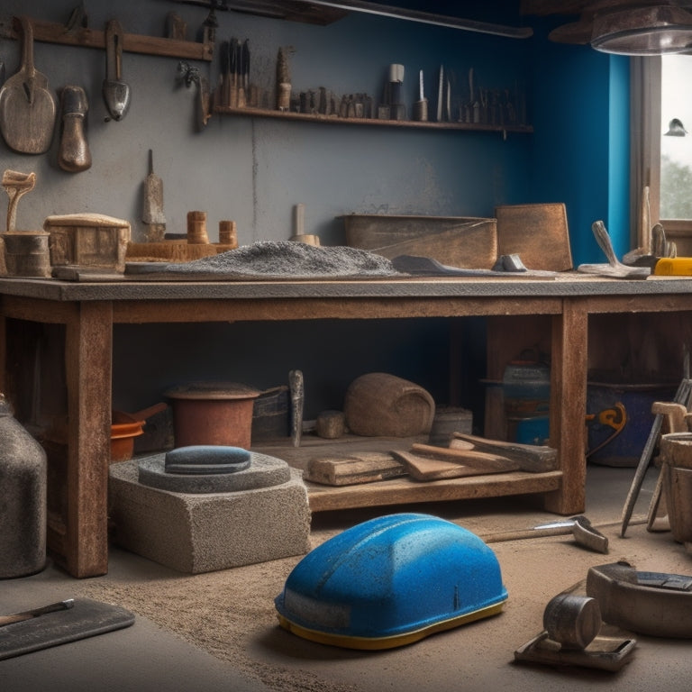 A cluttered workbench with a variety of concrete finishing tools, including a bull float, edger, trowel, jointer, and level, arranged haphazardly with concrete dust and smudges in the background.