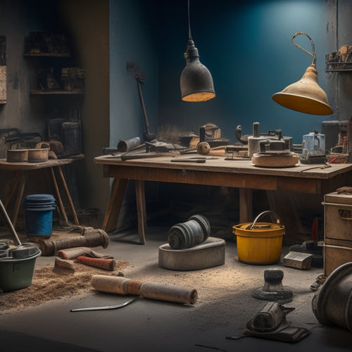 A cluttered workshop background with a variety of concrete resurfacing tools, including a polisher, grinder, and trowel, arranged artfully, with a few wisps of concrete dust and a subtle gradient of light.