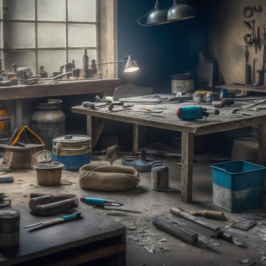 A cluttered workshop table with a cracked concrete slab in the center, surrounded by various DIY concrete crack repair tools such as epoxy resin, chisels, and caulk guns.