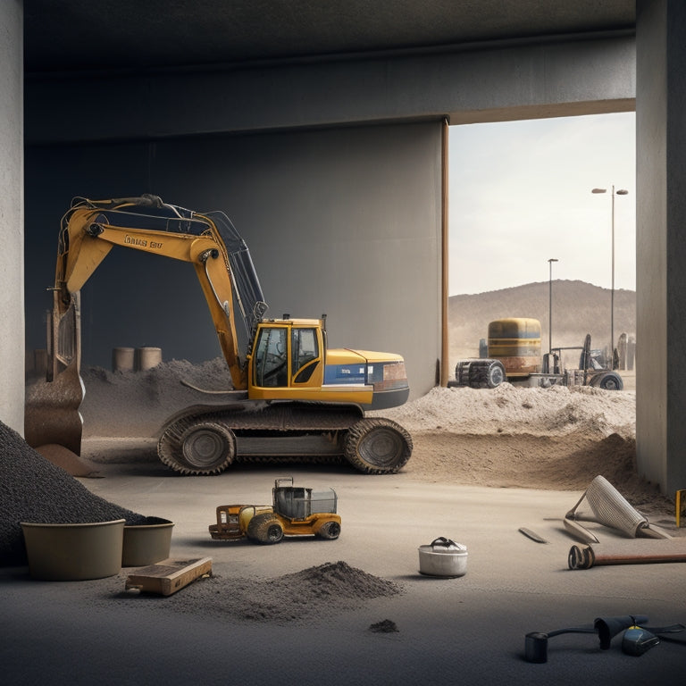 An illustration of a construction site with a half-built concrete wall, surrounded by scattered tools and equipment, with a prominent concrete mixer and trowel in the foreground.