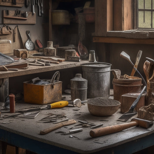 A cluttered workbench with various tools scattered around, including a trowel, putty knife, hammer, chisel, level, and mixing bucket, surrounded by concrete fragments and repair materials.