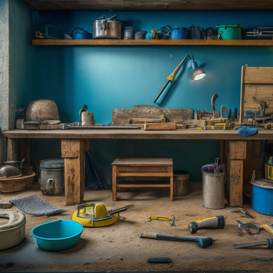 A cluttered workshop background with a concrete wall in the center, surrounded by various tools and equipment, including a level, trowel, scraper, grinder, and sandpaper, with a faint grid pattern on the wall.