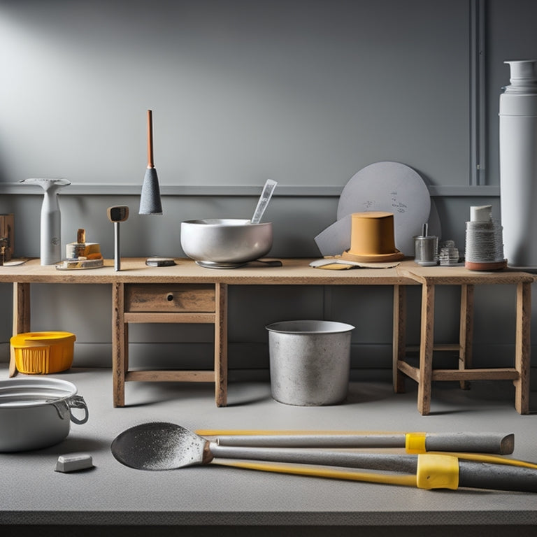 An image of a neatly organized workstation with a concrete mixer, trowels, level, spirit level, screed board, edger, and jointer, set against a clean, light-gray background with subtle shadows.