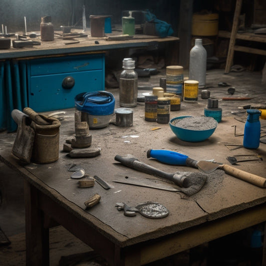 A cluttered workshop table with a cracked concrete floor in the background, surrounded by various DIY tools like a hammer, trowel, patching compound, and a putty knife, with a faint outline of a repair area marked in blue tape.