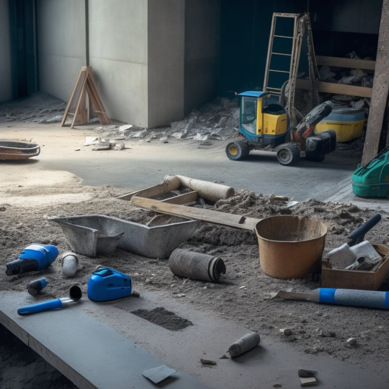 A messy construction site with scattered concrete debris, cracked surfaces, and broken tools, contrasted with a tidy, organized area featuring a variety of concrete filling tools and a smooth, finished concrete slab.