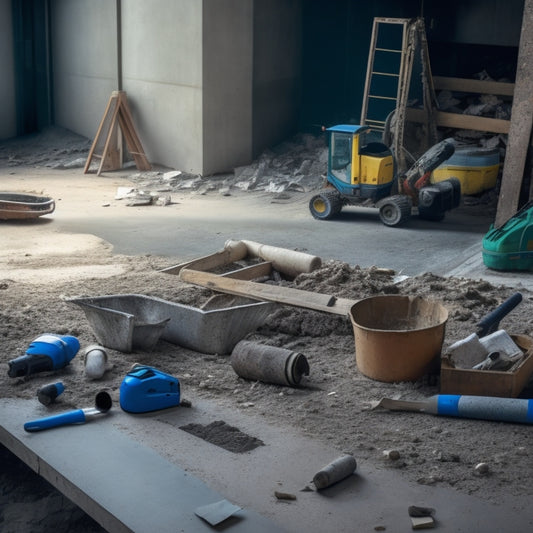 A messy construction site with scattered concrete debris, cracked surfaces, and broken tools, contrasted with a tidy, organized area featuring a variety of concrete filling tools and a smooth, finished concrete slab.