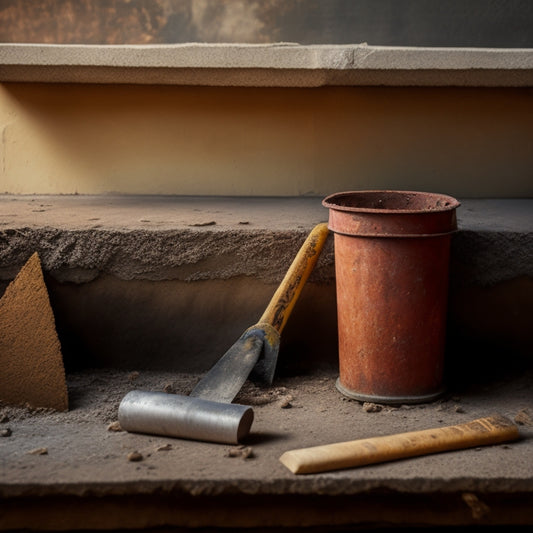 A worn, rusty trowel lies on a cracked concrete block wall, surrounded by scattered mortar, a masonry chisel, a level, and a bucket of patching compound, with a subtle hint of a construction site in the background.