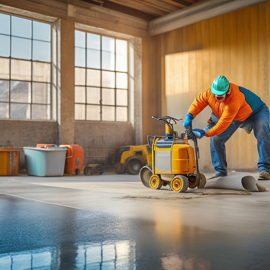 A professional contractor, wearing safety goggles and gloves, applies a sealant to a freshly poured concrete floor with a specialized sprayer, amidst a backdrop of construction equipment and concrete mixers.