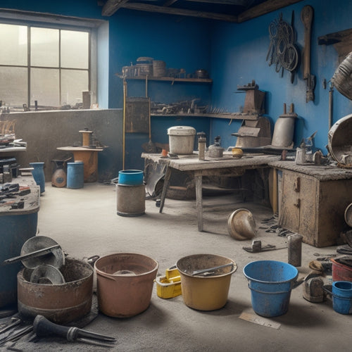 A cluttered workshop with a concrete mixer, various tools like trowels, grinders, and chisels, scattered around a restored concrete surface with visible cracks and patches.