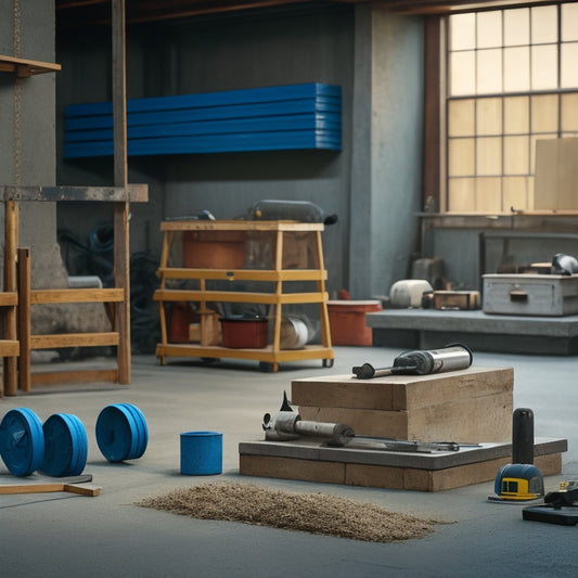 A clutter-free workshop backdrop with neatly organized concrete blocks, surrounded by various finishing tools, including a plate compactor, tamping ram, and block saw, with a subtle concrete texture overlay.