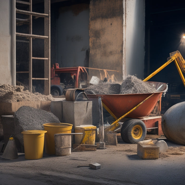 A messy, well-lit construction site with a mixing truck in the background, surrounded by scattered tools: a rusty wheelbarrow, a shovel with a worn wooden handle, and a batch of concrete blocks.