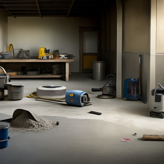 An image depicting a concrete floor with various tools and equipment scattered around, including a walk-behind scarifier, a floor grinder, and a vacuum cleaner, surrounded by concrete dust and debris.