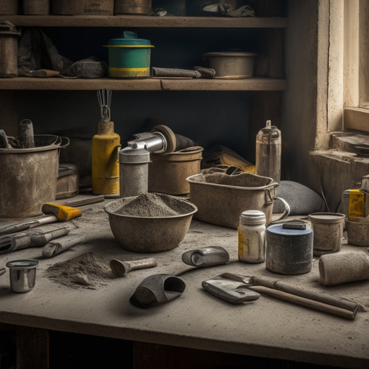 A cluttered workbench with various concrete repair tools and materials, including a caulk gun, trowel, mixing bucket, and bags of cement, with a small, cracked concrete surface in the foreground.