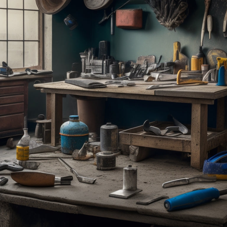 A cluttered workbench with a cracked concrete slab in the background, surrounded by scattered tools, with a few essential concrete repair tools (trowel, edger, and level) prominently displayed in the foreground.