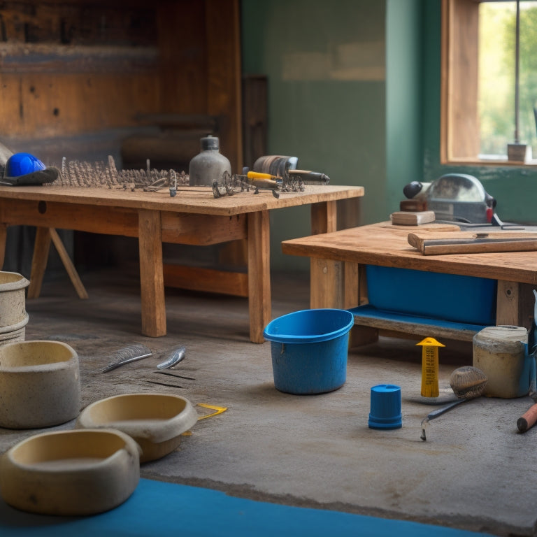 A well-organized workshop with a concrete mixer, trowels, floats, edgers, and finishing brushes of various sizes, arranged on a wooden workbench with a blurred concrete slab in the background.