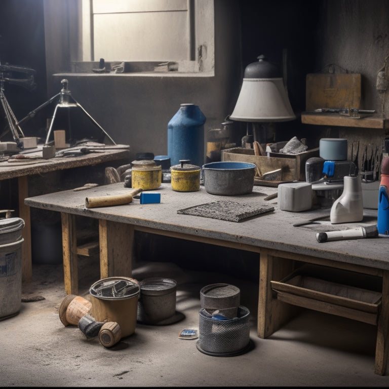 A cluttered workshop table with a variety of tools and equipment, including a concrete sealer bucket, roller extension poles, microfiber pads, and a sprayer, surrounded by sealed concrete samples.