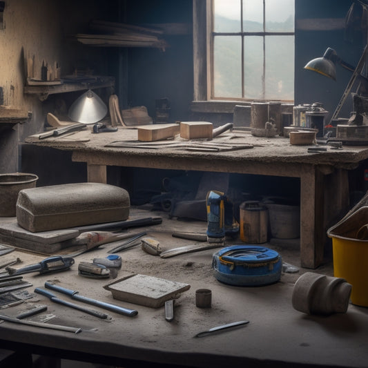 A cluttered, well-lit workshop table with various hand tools scattered around a half-finished concrete project, including a trowel, level, edger, and jointer, with concrete mix and aggregate in the background.