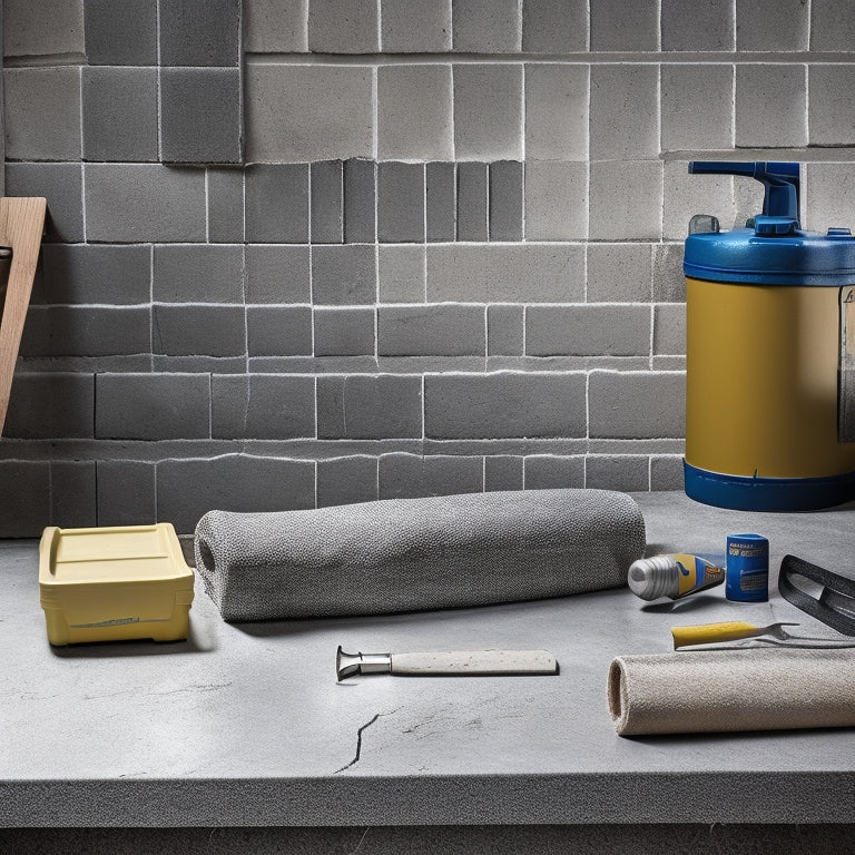 A cracked concrete wall with water seeping through, next to a toolbox filled with DIY waterproofing tools, including a waterproofing membrane, sealant, and trowel, on a gray background.