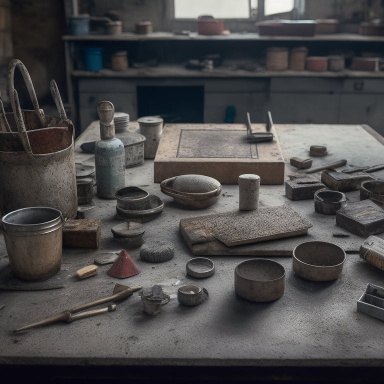 A cluttered workshop table with various concrete stamping tools, including a worn stamp mat, a rusty tamping tool, a bucket of concrete mix, and a few scattered concrete samples with different textures.