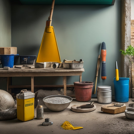 A messy workshop background with a variety of tools scattered around, including a spirit level, trowel, jointer, mixing bucket, and concrete finishing tools, alongside a partially built concrete garden wall with blocks and mortar.