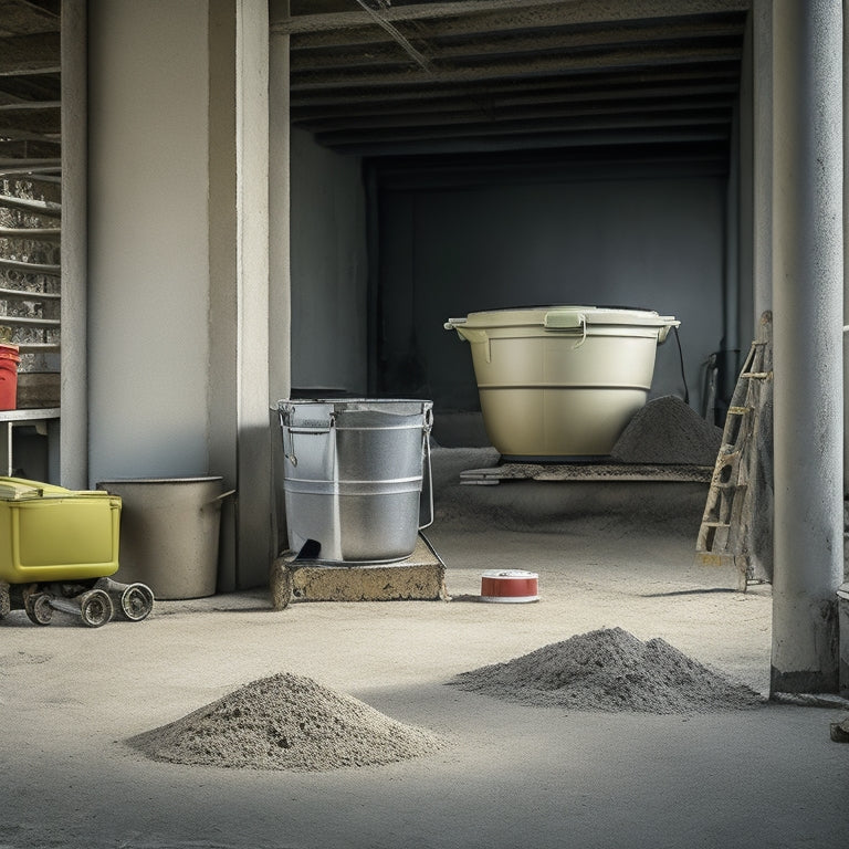 A cluttered construction site with a mixing bucket, trowel, spirit level, concrete mixer, and a bag of self-leveling concrete mix in the foreground, with a half-finished floor in the background.