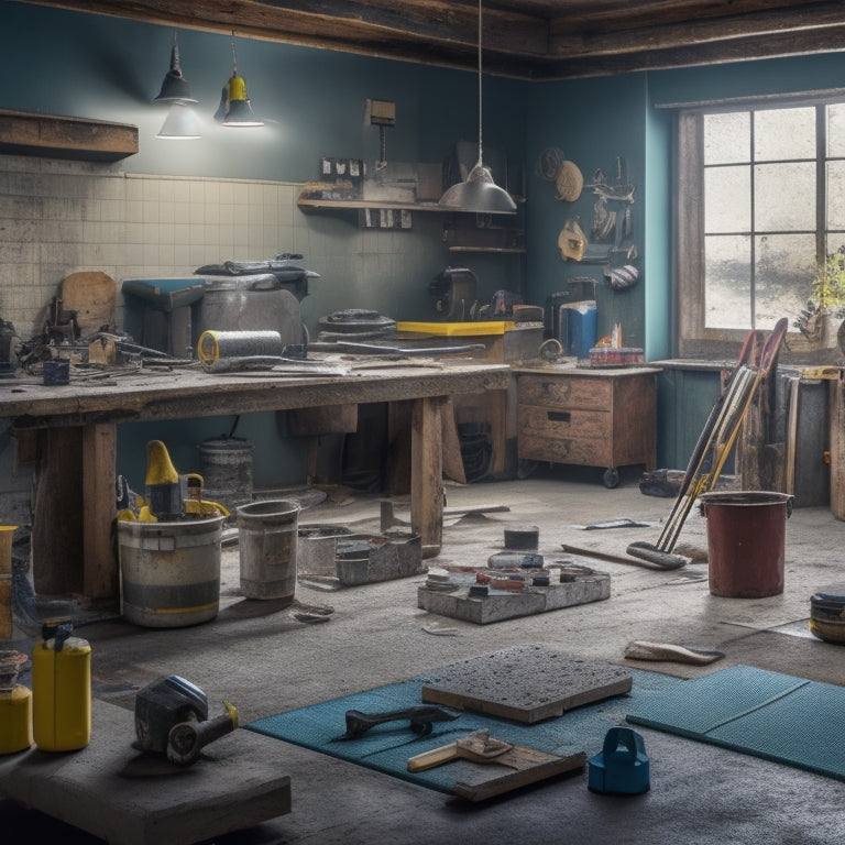 A cluttered workshop with a concrete subfloor in the background, featuring a scattering of essential flooring tools: a walk-behind scraper, a concrete edger, a moisture meter, and a spirit level.