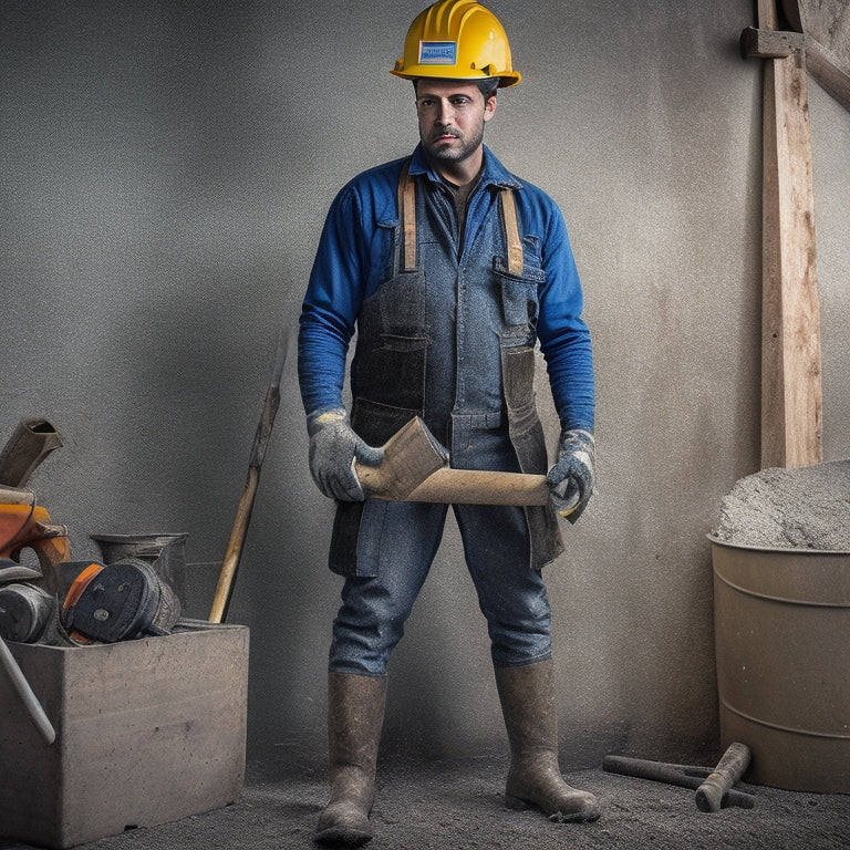 A person in a construction hat and gloves holds a level and a hammer, standing in front of a concrete wall with visible imperfections, surrounded by scattered tools and a bucket of mixed cement.