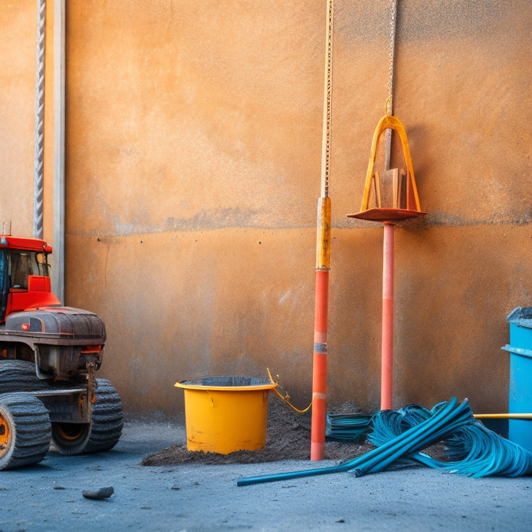 A photograph of a partially built concrete wall with three tools prominently displayed: a rebar cutter, a concrete mixer, and a steel fiber reinforcement bundle, against a blurred construction site background.