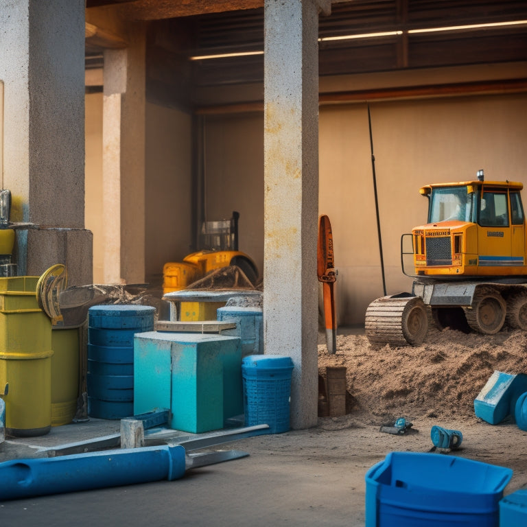 A cluttered construction site with various tools and machinery surrounding a half-built concrete block wall, with a prominent mixer, trowels, and blocks stacked in the foreground.