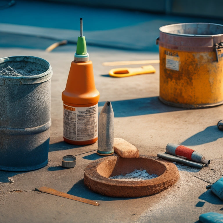 A close-up of a worn, gray concrete sidewalk with cracks and spalling, surrounded by various repair tools such as a trowel, mixing bucket, and tubes of epoxy, set against a blurred urban background.