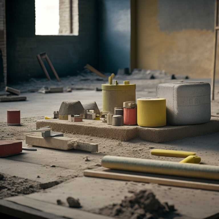 A messy construction site with scattered concrete blocks, a spirit level, a rubber mallet, a jointer, and a notched trowel, surrounded by a faint outline of a building's foundation.