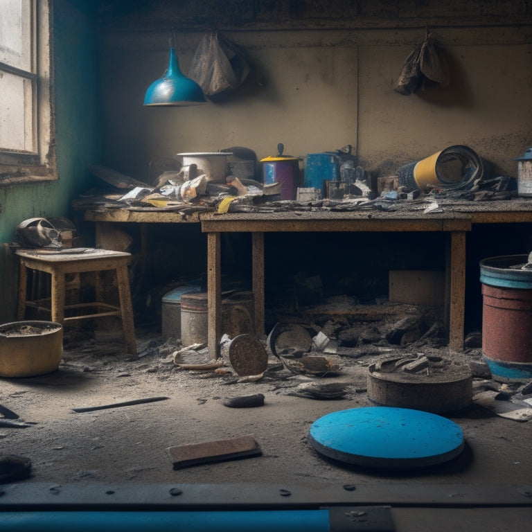 A cluttered workshop with a worn, rusty trowel, a clogged edger, and a dull float amidst scattered concrete debris, surrounded by worn-out knee pads and a faded measuring tape.