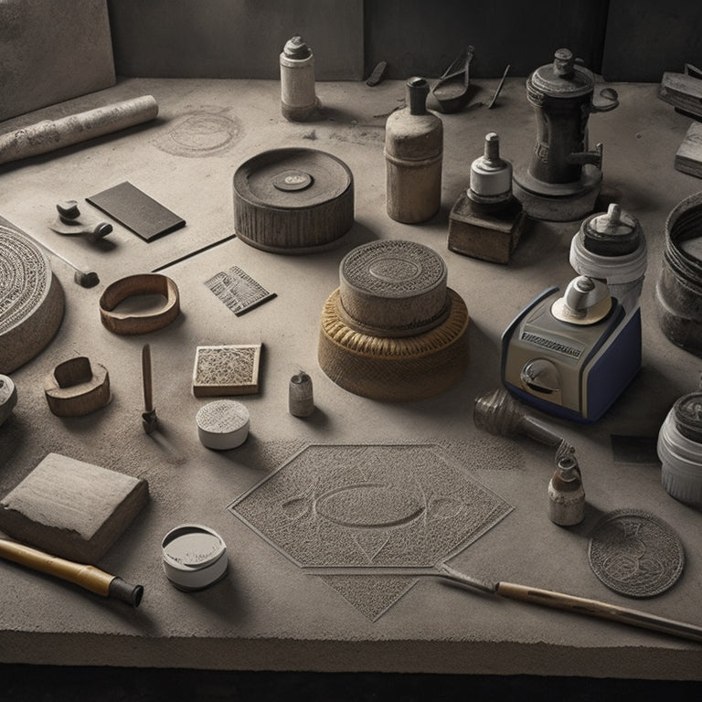 A well-organized workshop backdrop with various concrete engraving tools, including a grinder, router, and stencil, arranged around a central concrete slab with engraved patterns and designs.