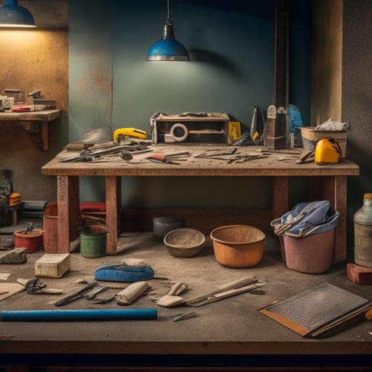 A cluttered workshop table with various hand tools scattered across it, including a trowel, jointer, edger, and float, surrounded by concrete mix bags and a partially built concrete wall in the background.