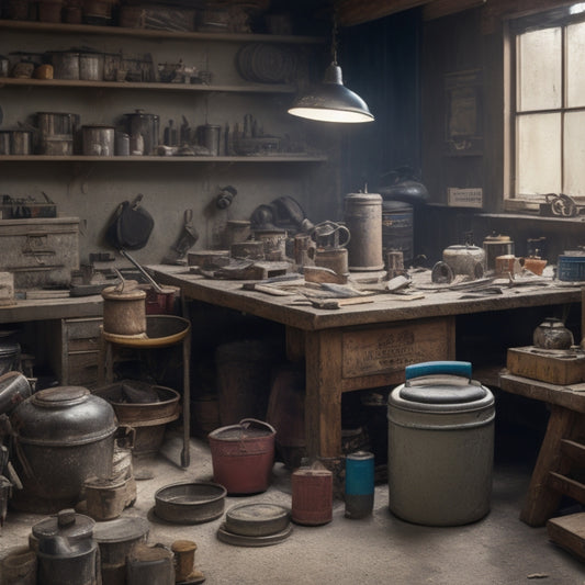 A cluttered workshop scene with a variety of tools scattered across a workbench, including a drill, sanders, trowels, and buckets, surrounded by concrete samples and restoration materials.