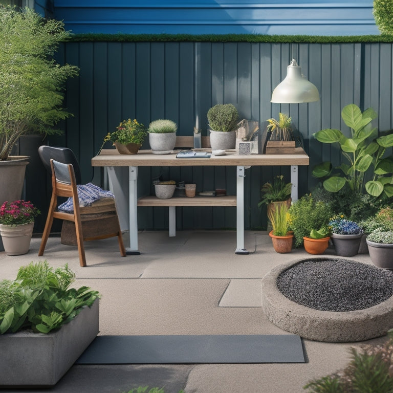 A tidy outdoor workspace with a partially built patio, concrete blocks, and various edging tools laid out, including a spirit level, trowel, and edger, surrounded by lush green grass and a few potted plants.