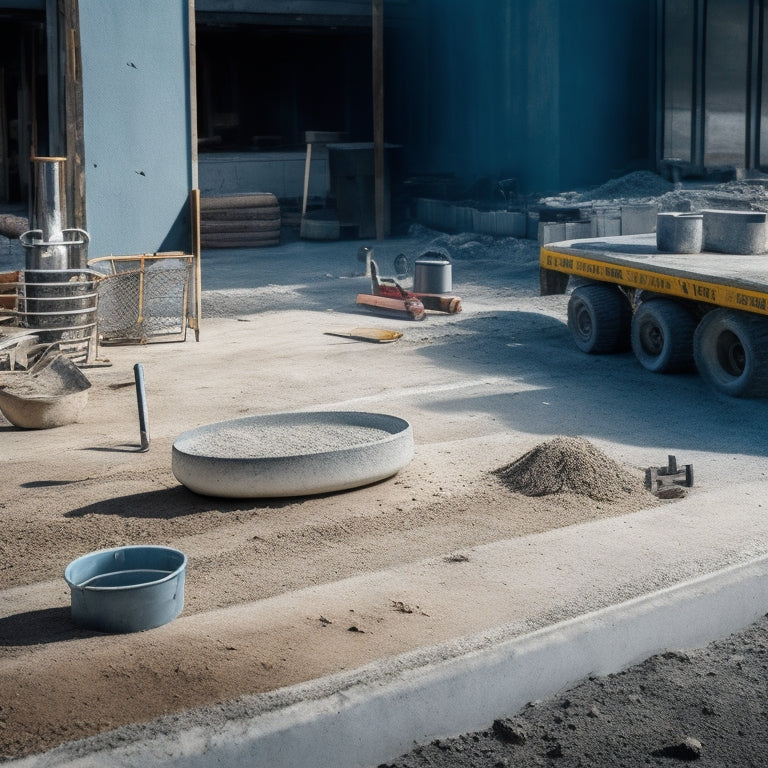 A cluttered construction site with a freshly poured concrete slab in the center, surrounded by various tools and equipment, including a trowel, edger, float, and finishing broom.