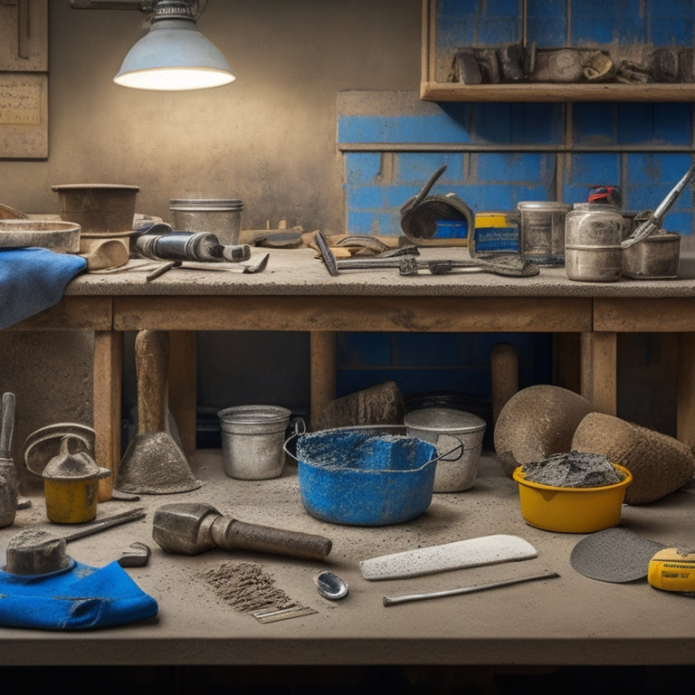 A cluttered workbench with various DIY concrete tools, including a mixing bucket, trowel, level, gloves, and safety goggles, surrounded by concrete samples with different textures and finishes.