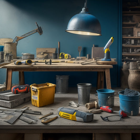 A cluttered workshop table with various concrete DIY tools scattered around, including a trowel, mixing bucket, level, safety goggles, and a cordless drill, amidst a backdrop of concrete slabs and building materials.