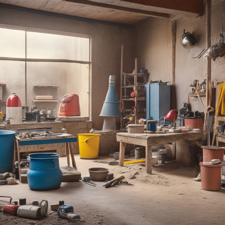 A cluttered workshop with a concrete mixer, trowels, levels, and buckets in the foreground, surrounded by concrete blocks, power tools, and a partially built concrete wall in the background.