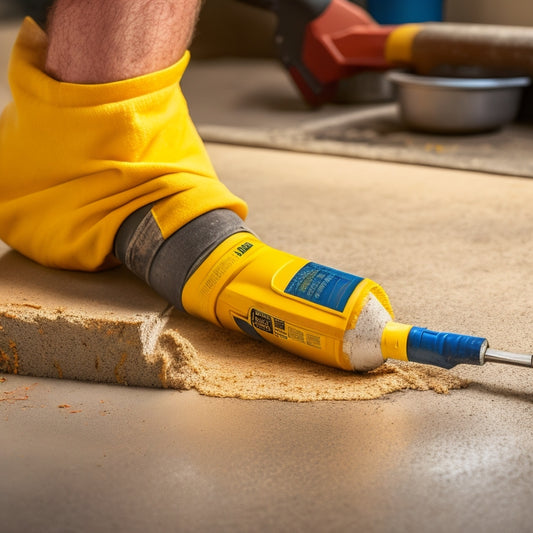 A close-up of a person's hands, wearing yellow gloves, holding a caulk gun and applying a stream of grey concrete filler to a cracked concrete floor, with various tools scattered around.