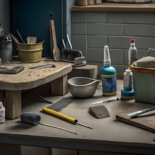 A cluttered workbench with various concrete adhesion tools scattered around, including a notched trowel, a scrub brush, a putty knife, and a caulk gun, with a half-finished concrete project in the background.