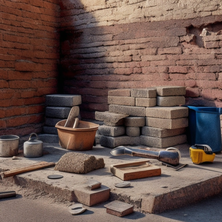 A worn, crumbling concrete block wall with cracks and missing mortar, surrounded by scattered tools: trowel, level, wheelbarrow, and stacks of new blocks, with a few blocks in mid-air, as if in the process of being repaired.